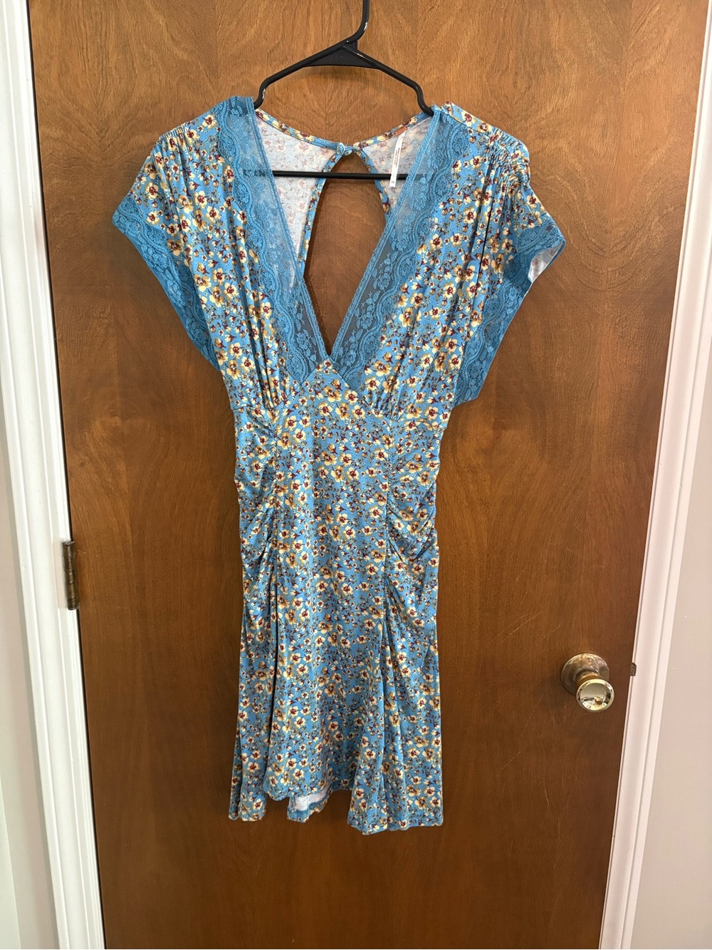 Blue Floral Lace-Trim Free People V-Neck  Dress